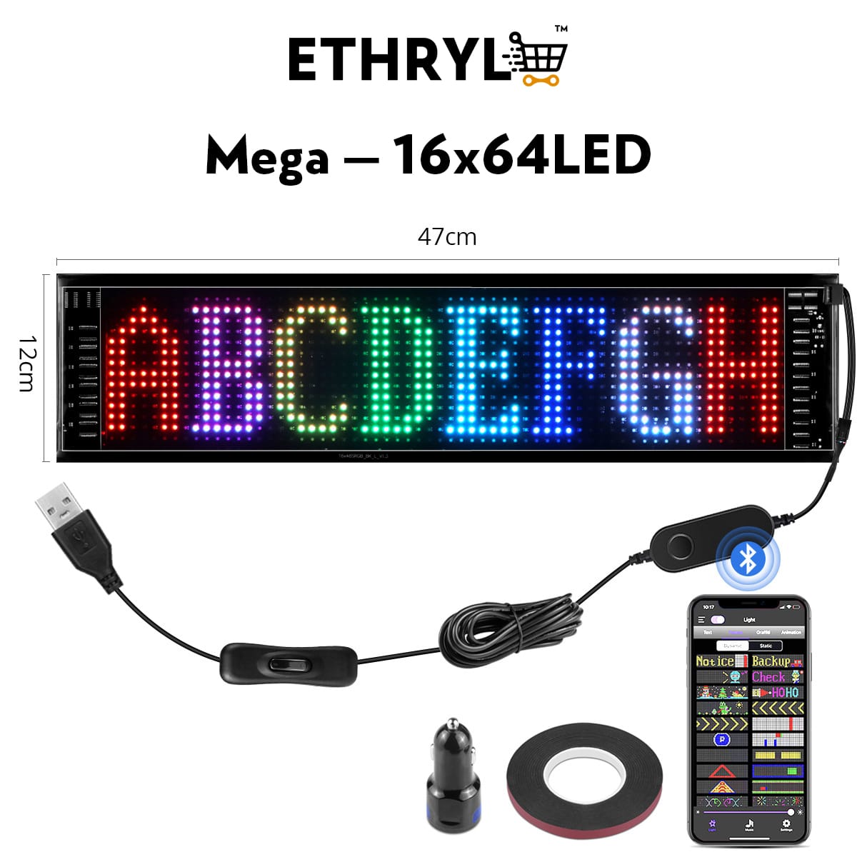 Pixel Art LED Programmable Display | Car Windshield Display | Ambient Room Decor Mega | 12x47cm Lighting ethryl store best multipurpose store